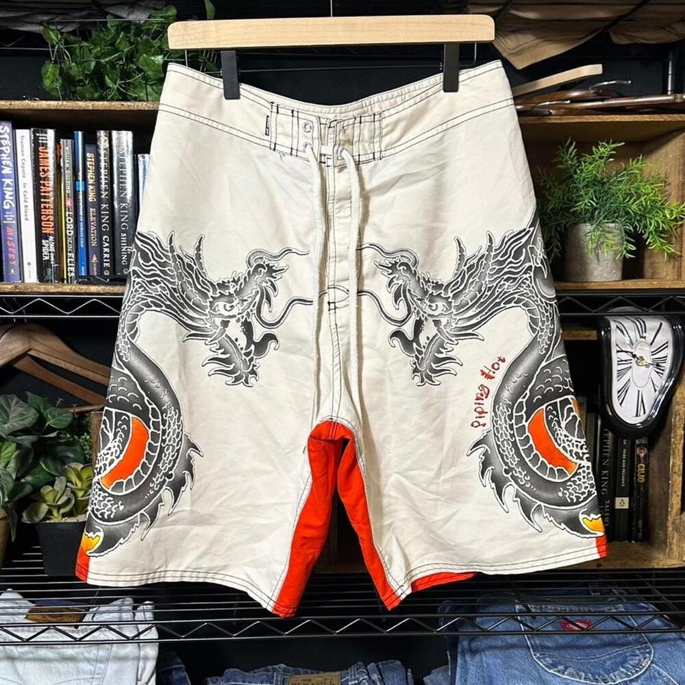 Vintage Y2K Piping Hot Surf Board Shorts Dragon Fire Surfer Swim Trunks 32"